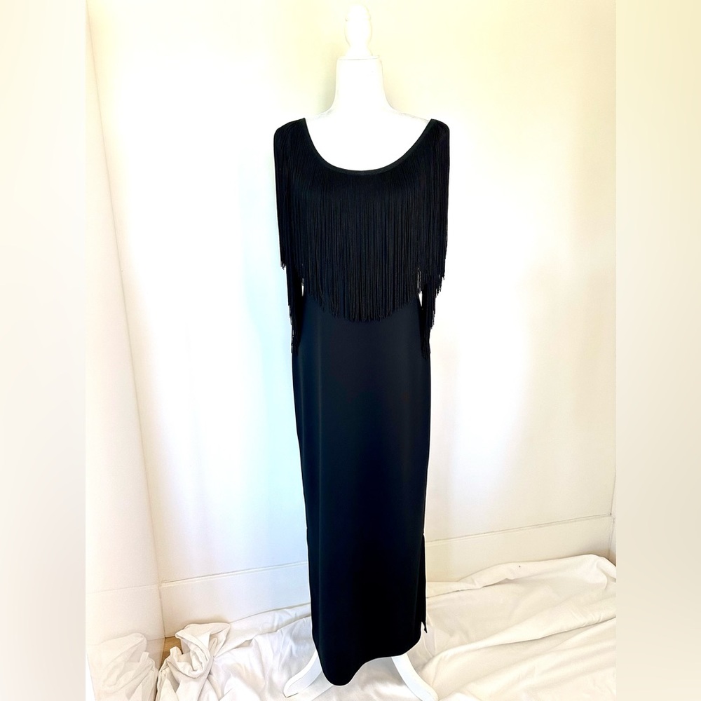 Ports International Evening Wear Black Long Dress with Silk Fringe